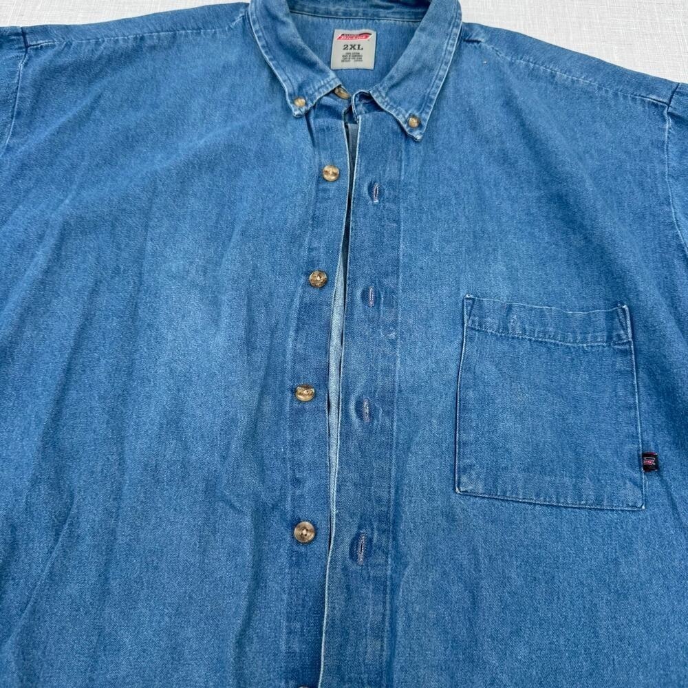 Genuine Dickies Mens 2XL Blue Denim Short Sleeve Button Down Shirt Workwear - Picture 5 of 6
